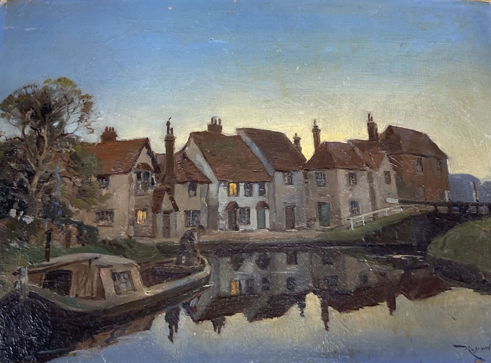 Reginald Mills (Exh.1921-38), oil on panel, Canal boat and cottages at dawn, signed, 21.5 x 30cm, unframed